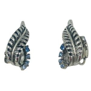 Vintage CORO Blue Rhinestone Silver Brushed and Polished Clip Earrings
